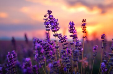 Fototapeta premium Lavender Flowers Bloom Vibrantly at Sunset, Serene Nature Scene with Purple Hues