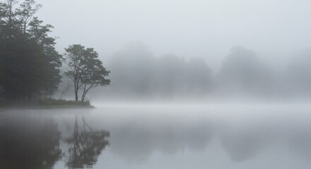 Fototapeta premium Foggy lake landscape with trees reflected in the water creating a serene and misty atmosphere view