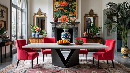 Bright eclectic decor softens the clean edges of a modern table