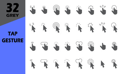 Pointer and hand finger tap gesture slide left and right grey solid pictogram icons. Pinch screen.