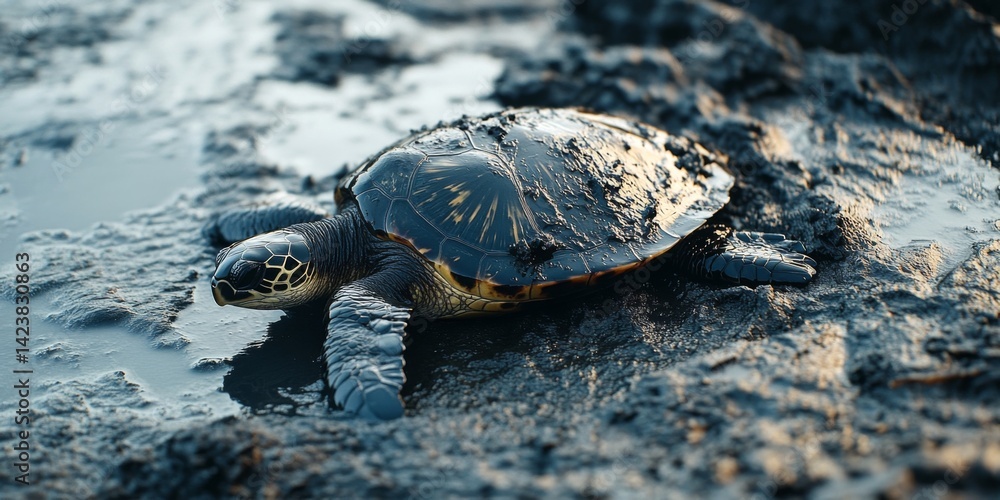 Poster a close-up view of a turtle resting on muddy ground. the turtle exhibits unique patterns on its shel