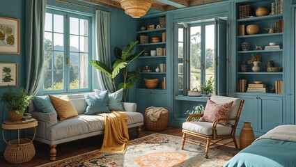 Calming colors and cozy corners make this room feel like a retreat