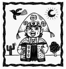 Woodcut-style illustration of a cheerful Brazilian accordion player in traditional attire, with cactus, moon, bird, and Sertão landscape elements.