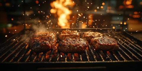 Grilling juicy beef patties over an open flame in a lively outdoor kitchen at sunset