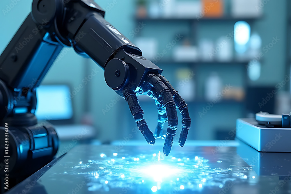 Poster exploring robotic technology innovations laboratory digital art high-tech environment close-up view