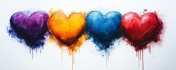 Colorful distressed hearts with textured brush strokes, set against a minimalist white backdrop, artistic and expressive composition, soft shadows, 8K clarity