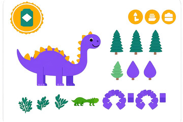 Obraz premium Cartoon Dinosaur Character In Purple And Yellow With Green Trees Illustration