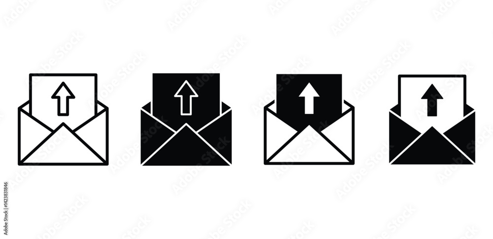 Poster set of black and white color incoming mail icons with up arrow vector design illustration