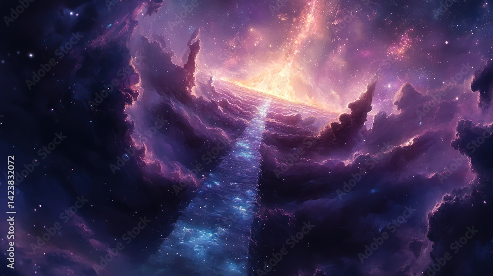 Wall mural a cosmic landscape with a luminous path through celestial clouds