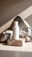 Serene white bottle rests on textured stone bathed in soft sunlight minimalist aesthetic natural