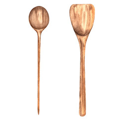 Wooden spatulas for cooking. Kitchen utensils. Wooden spoons. Watercolor isolated illustration hand drawn. For printing on menus, delivery, restaurants, social networks