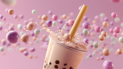 A fun 3D depiction of bubble tea with floating tapioca pearls. The colorful and dynamic design offers an energetic and trendy look to this beloved drink.