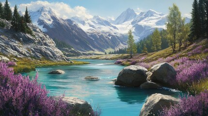 Alpine lake, scenic mountains, blooming flowers. Peaceful landscape. Ideal for nature wallpaper