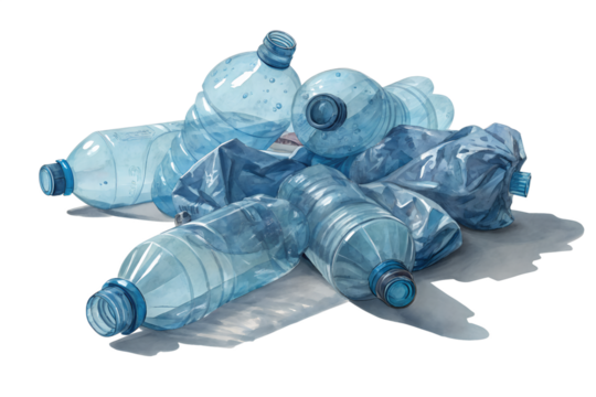 Crumpled blue plastic bottles. The Crushed Plastic Bottles. Plastic water bottle waste or crushed plastic water bottle. Png transparency