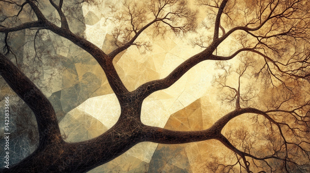 Poster a captivating image where geometric patterns branch out like a trees limbs, symbolizing growth, conn