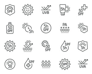 A set of editable vector icons on the theme of sunscreen and SPF. Icons featuring protection levels, exposure time, and UVA/UVB protection.