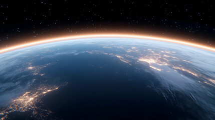 Fototapeta premium Sunrise over Earth, showcasing city lights and atmospheric glow