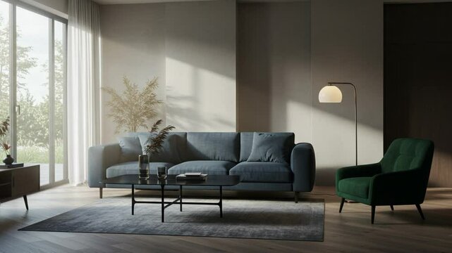 穏やか光差し込む、都会的モダンリビング。青緑基調、心地良い空間