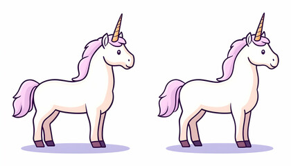 Two cartoon unicorns, white bodies, pink manes and tails, golden horns, side profile view