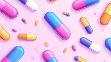 Pastel Pills Pattern: A colorful and vibrant array of medical capsules on pink background