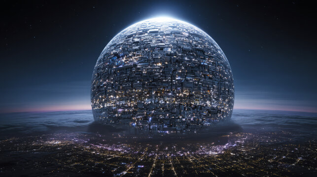 Futuristic spherical megastructure glowing above a cityscape at night, advanced alien technology or sci-fi artificial intelligence concept