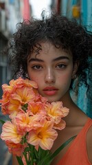 Urban teen girl with orange flowers, alleyway background