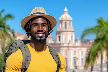 Obraz premium Happy young man with backpack smiles, sightseeing in a sunny city