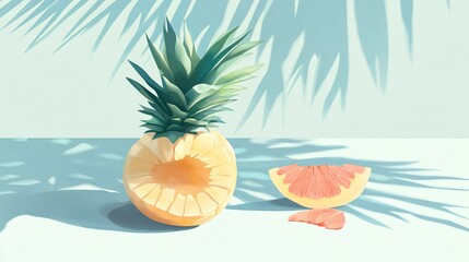 Stylized summer tropical fruit arrangement under palm leaf shadows artwork