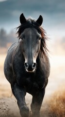 Obraz premium Black horse galloping through a misty field during early morning light in a rural landscape