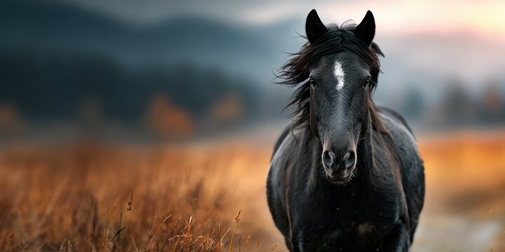 Black horse standing in a golden field against a blurred mountain background at dusk in a serene landscape