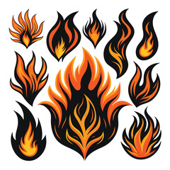 Set of fire flame vector icons. Collection of fire and flame icons. Bonfire icons, flaming elements.
