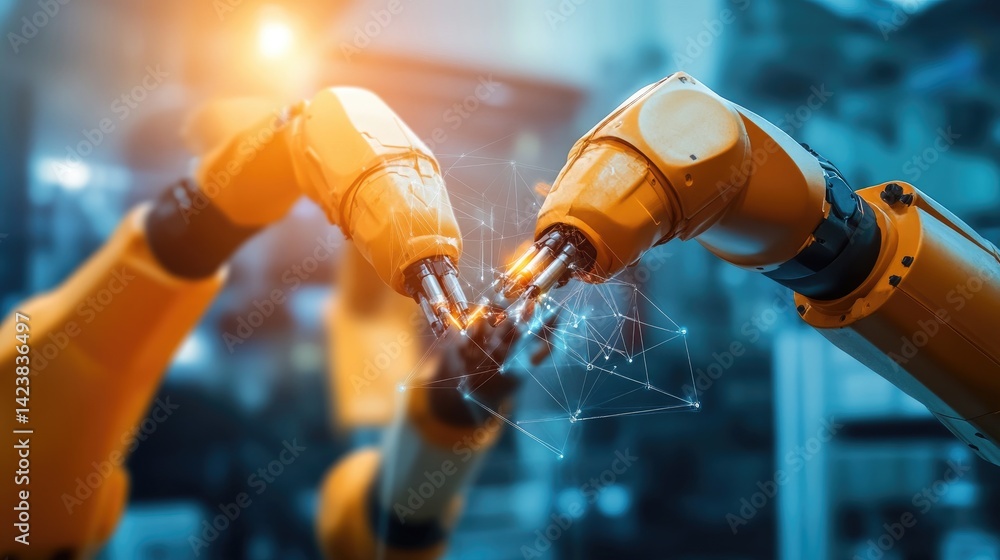 Poster industrial automation system with interconnected robotic arms working in coordination on an assembly