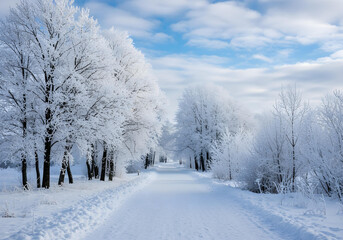Fototapeta premium beautiful snow covered countryside road with white frosted trees creating natural winter wonderland scenery in daylight 