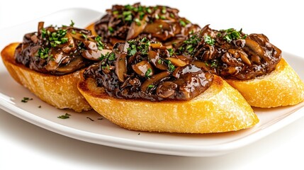 Crispy Italian crostini topped with wild mushroom spread on an ideal white background.