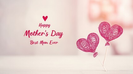 Handwritten "Happy Mother's Day" text, heart shaped balloon decoration, "Best Mom Ever" lettering at the bottom center, blurred light pink background, warm holiday wishes and celebration concept.
