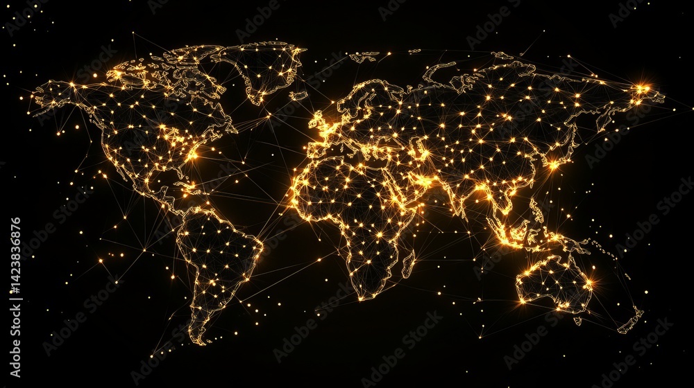Poster global network connections golden world map abstract digital art illustration technology background 
