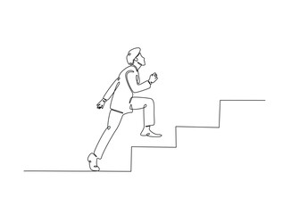 Continuous one line drawing of success business man walk on stair.  Business concept growth and the progress to success illustration. Editable vector.