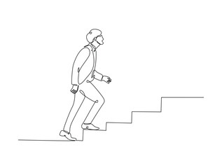 Continuous one line drawing of success business man walk on stair.  Business concept growth and the progress to success illustration. Editable vector.