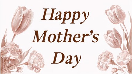 Happy Mother's Day in white handwritten calligraphy on pink background, surrounded by tulips and other flowers, in a pale pink color scheme.