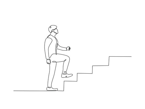 Continuous one line drawing of success business man walk on stair.  Business concept growth and the progress to success illustration. Editable vector.