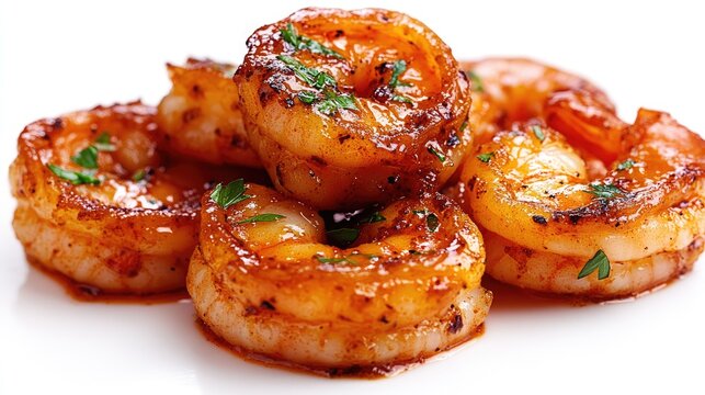 Crispy Spanish gambas al ajillo garlic shrimp tapas on an absolutely white background.