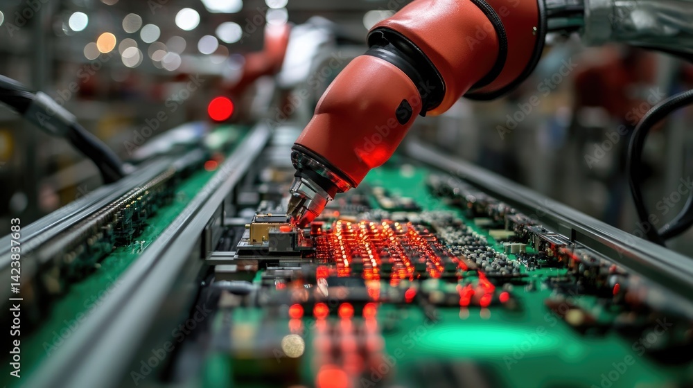 Poster industrial robot performing precise assembly of electronics components on an automated assembly line