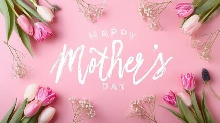 "Happy Mother's Day" in white handwritten calligraphy, pink background, surrounded by tulips and other flowers, pale pink color scheme, warm holiday greeting.