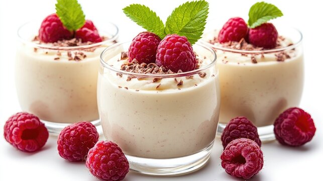 Elegant Belgian white chocolate mousse with raspberries on an absolutely white background.
