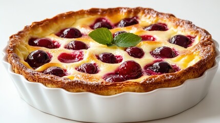 Elegant French clafoutis with fresh cherries and a golden crust on an immaculately white background.
