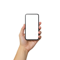 A hand holds a smartphone with a blank white screen on a black background, ideal for mockup presentations or showcasing app interfaces.