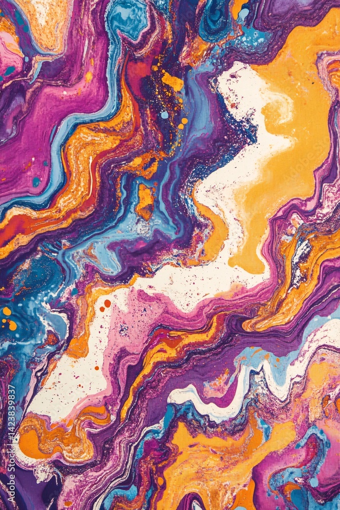 Poster liquid acrylic paint mixing creating an abstract colorful texture