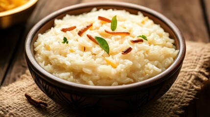 Delicious rice porridge garnished with herbs inside a wooden bowl