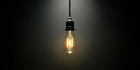 A vintage light bulb hangs from a wire against a dark background, casting a warm glow and creating a moody atmosphere.