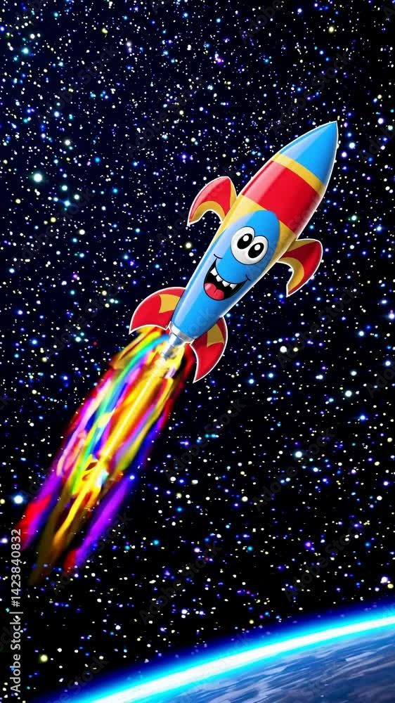 Poster a colorful cartoon rocket with a smiling face soars through a starry space background. the upward an